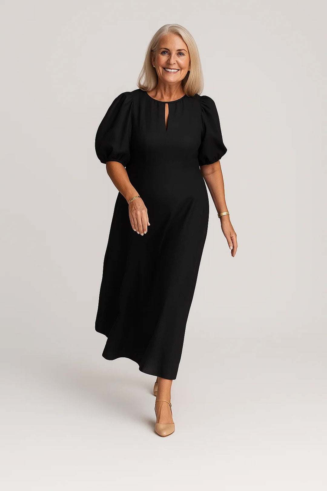 Abito midi in lino con maniche a sbuffo | Elegante e traspirante