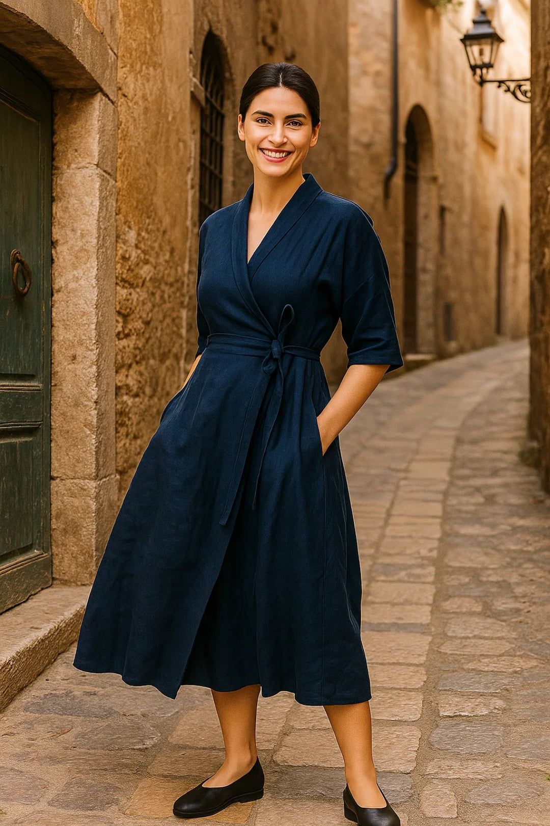 Abito midi in lino blu navy | Taglio kimono | Cintura annodata