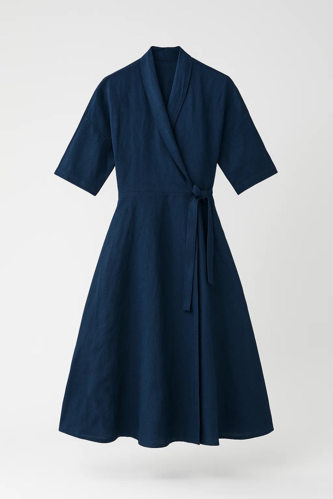 Abito midi in lino blu navy | Taglio kimono | Cintura annodata