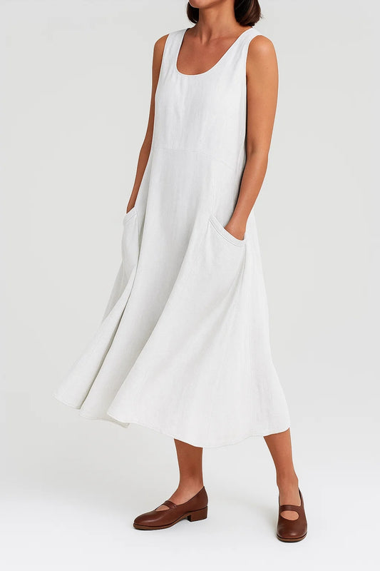 Vestito midi svasato senza maniche con tasche laterali