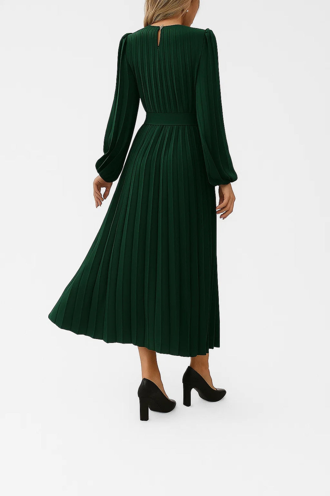 Abito midi plissettato con cintura | Maniche lunghe a sbuffo | Elegante e femminile