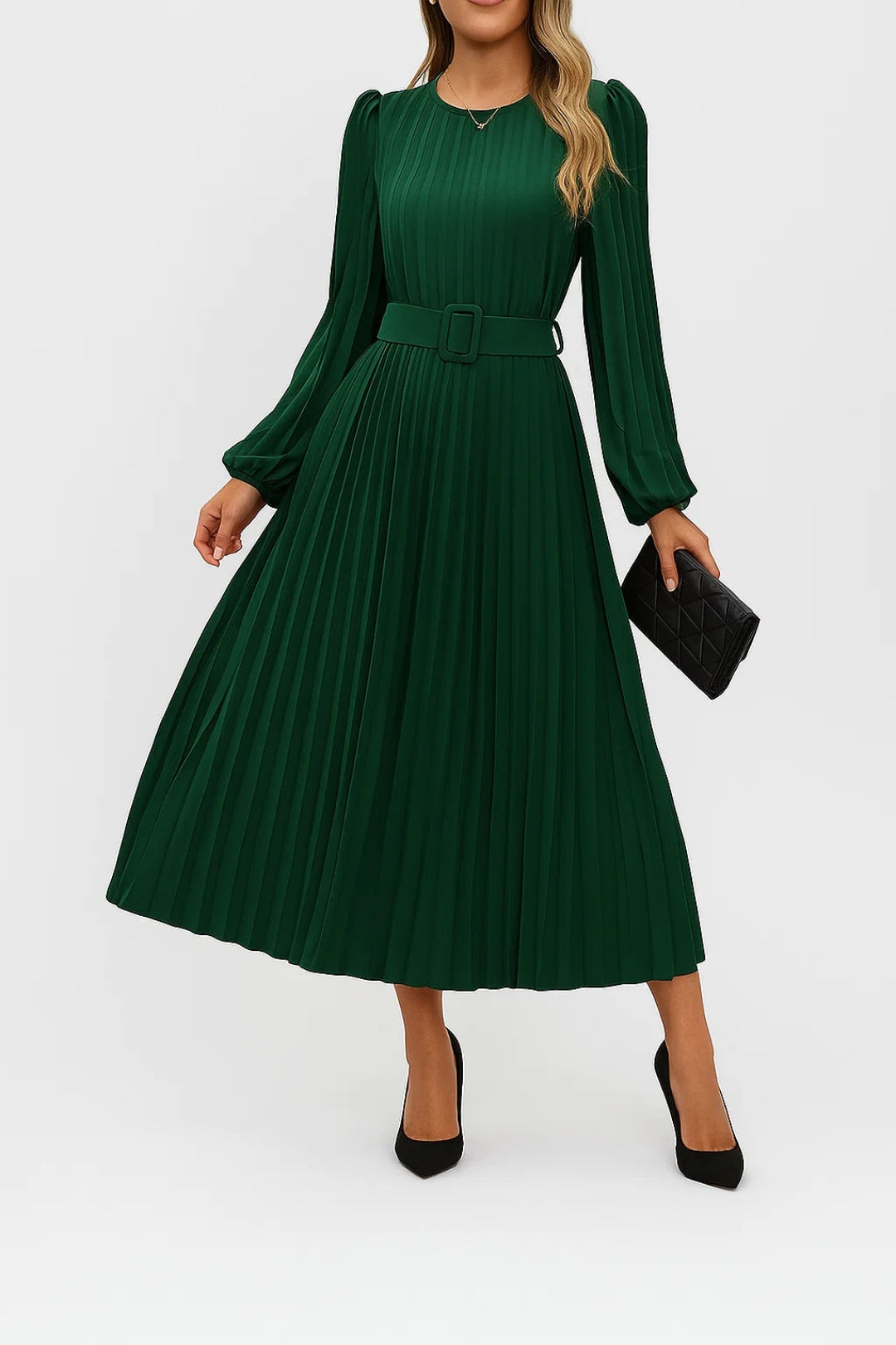 Abito midi plissettato con cintura | Maniche lunghe a sbuffo | Elegante e femminile