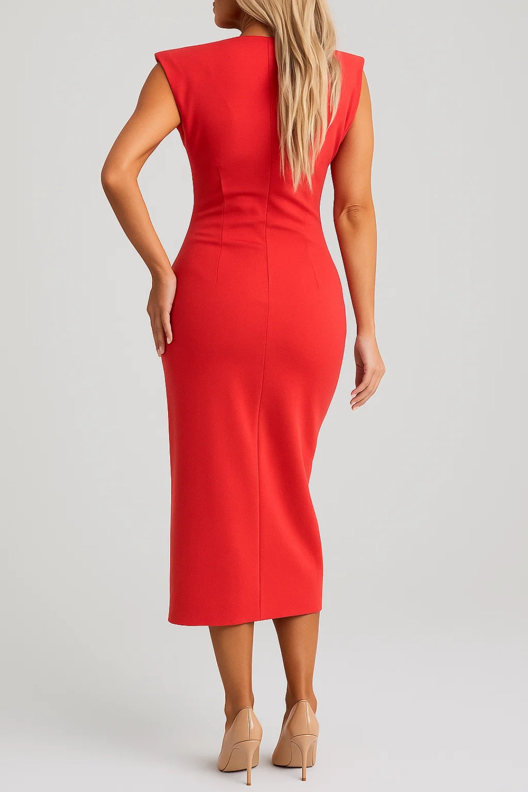 Abito midi rosso con spacco frontale | Eleganza strutturata e moderna