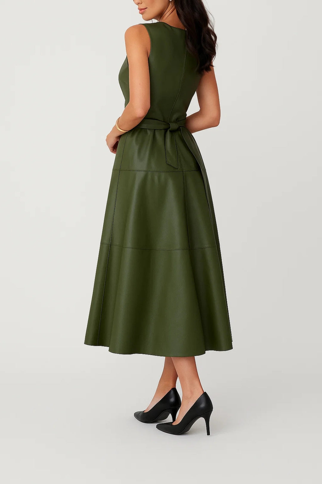 Abito midi senza maniche in similpelle | Verde oliva elegante