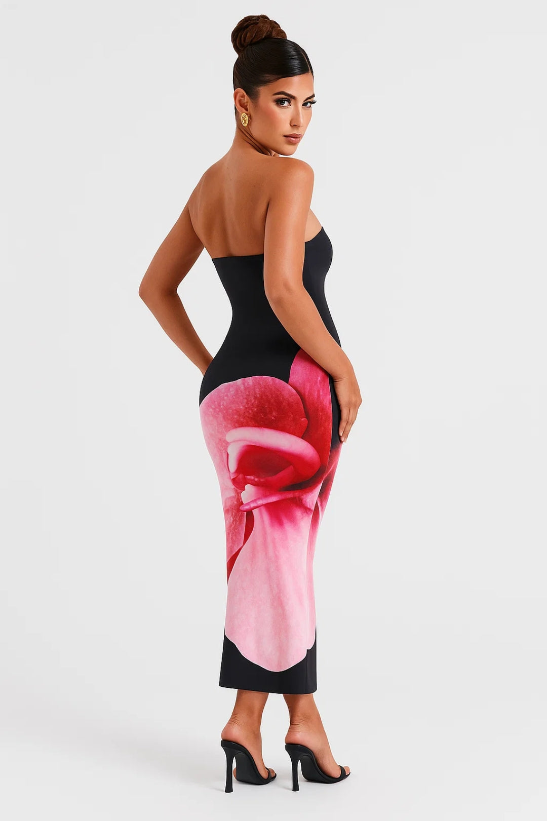 Abito midi senza spalline | Stampa floreale maxi | Eleganza audace