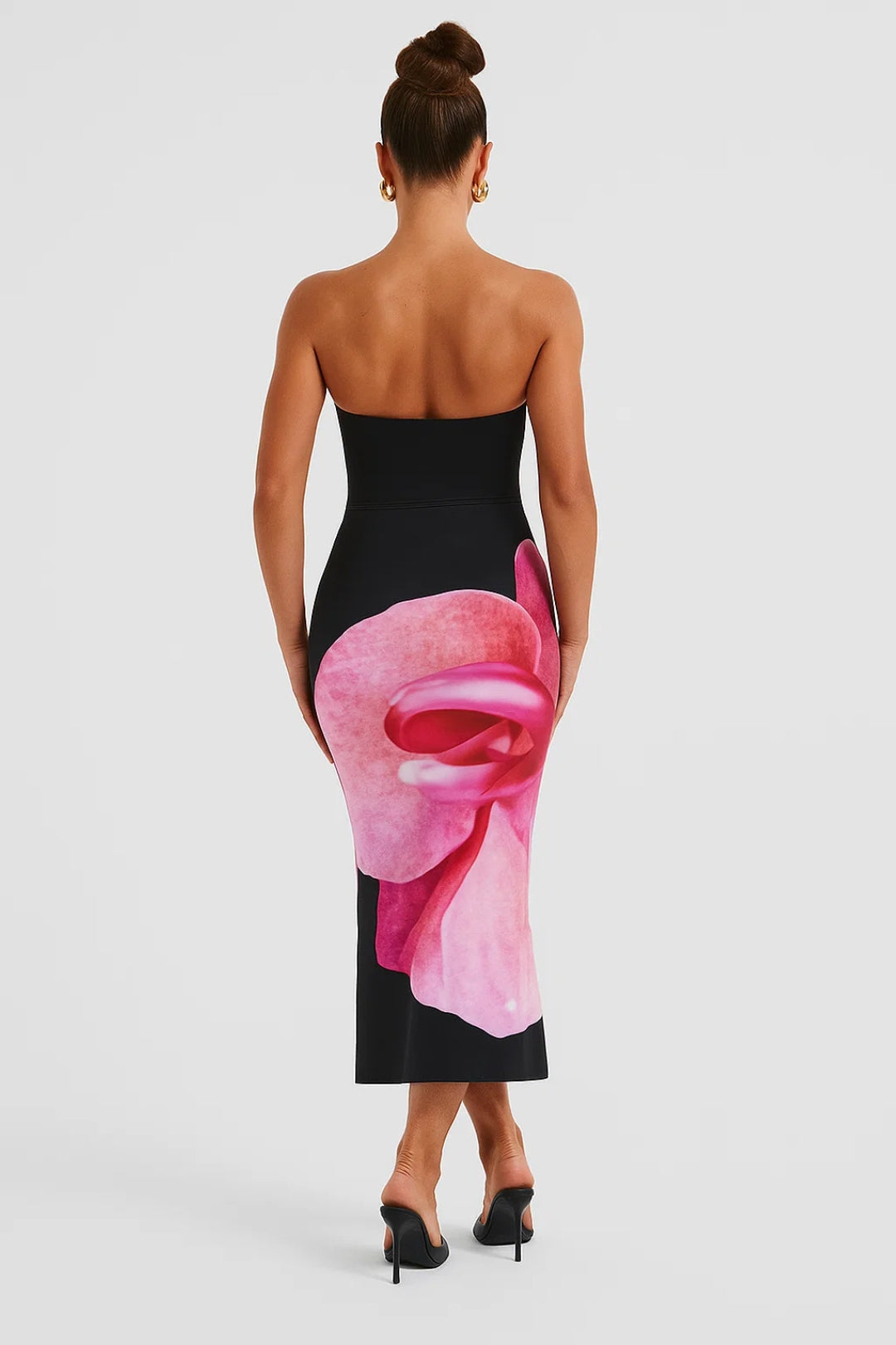 Abito midi senza spalline | Stampa floreale maxi | Eleganza audace
