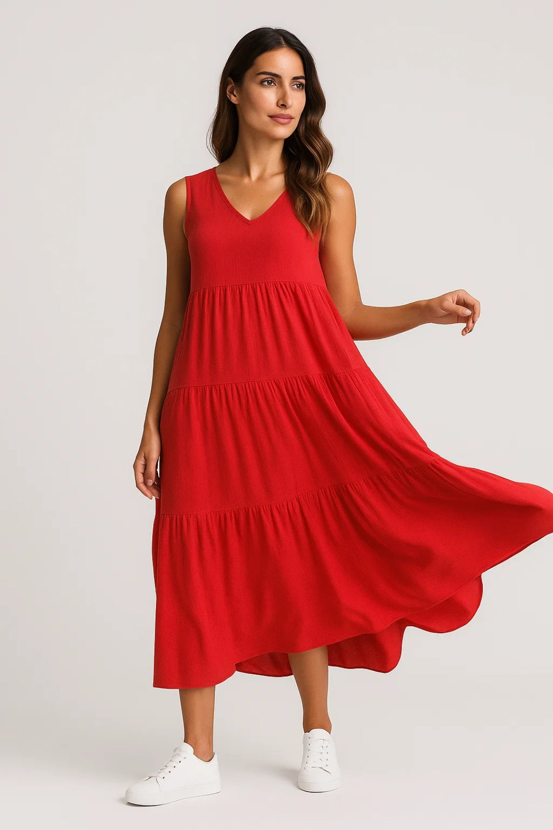 Abito midi svasato senza maniche | Scollo a V | Cotone leggero