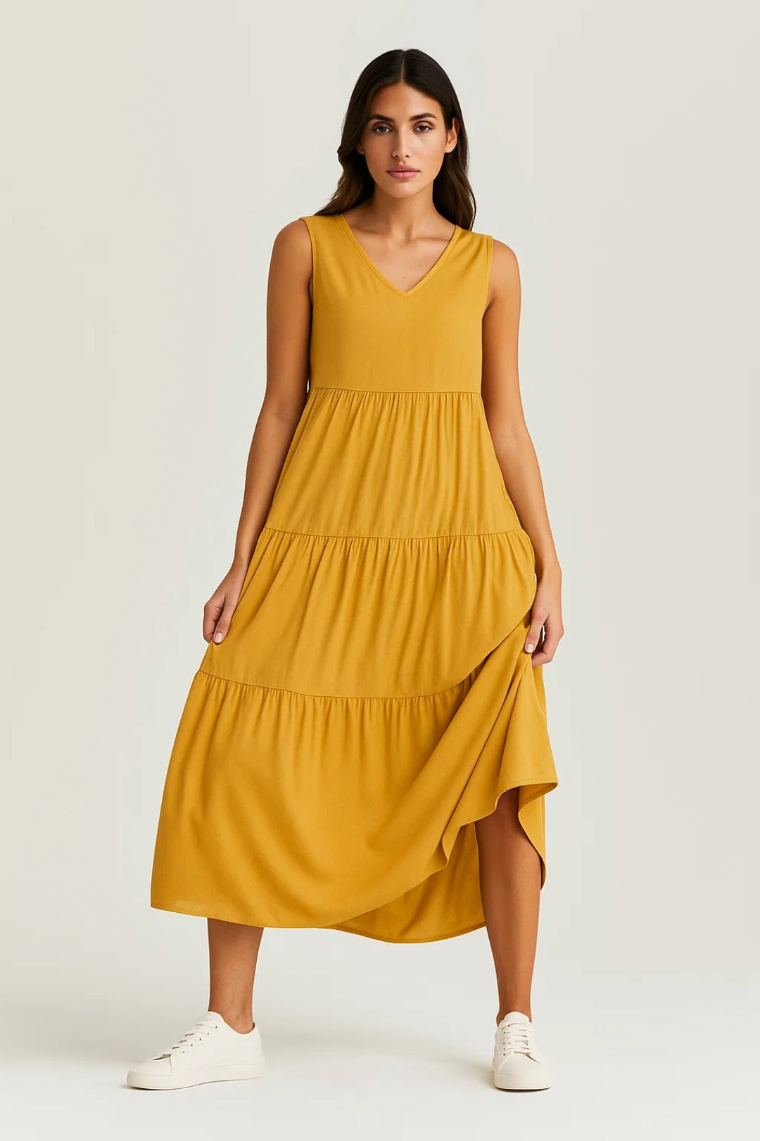Abito midi svasato senza maniche | Scollo a V | Cotone leggero