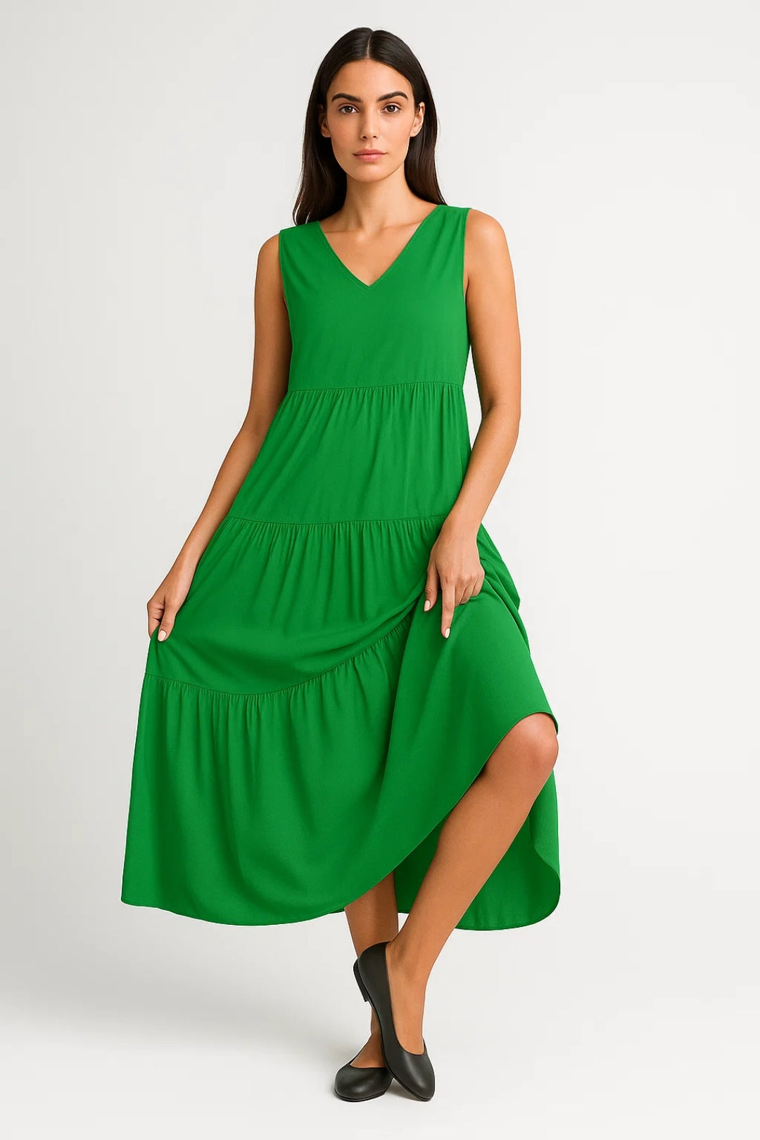 Abito midi svasato senza maniche | Scollo a V | Cotone leggero