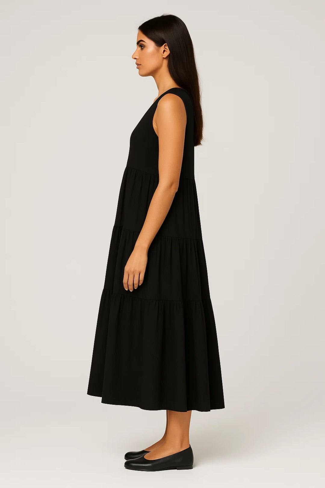 Abito midi svasato senza maniche | Scollo a V | Cotone leggero