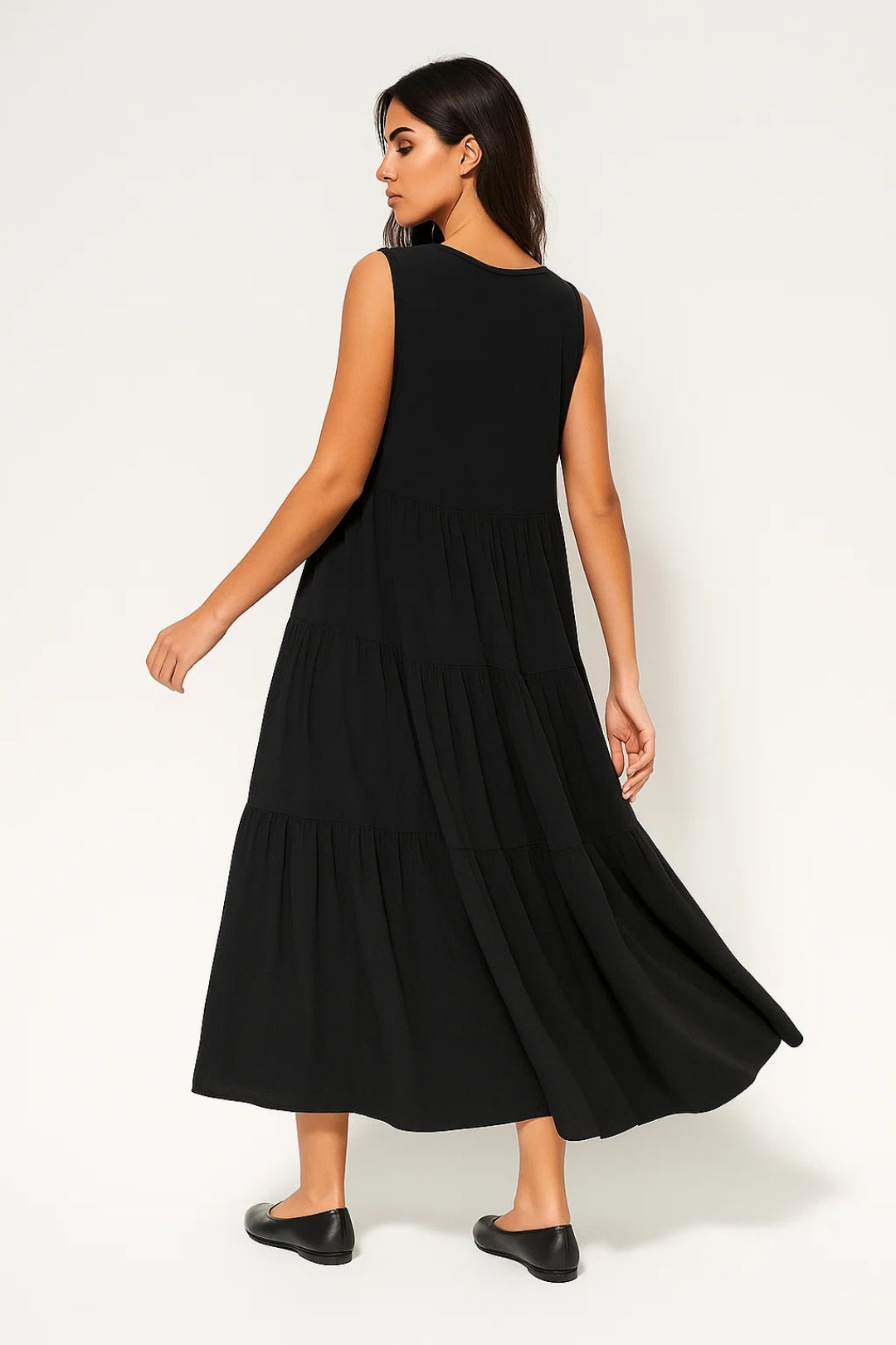 Abito midi svasato senza maniche | Scollo a V | Cotone leggero