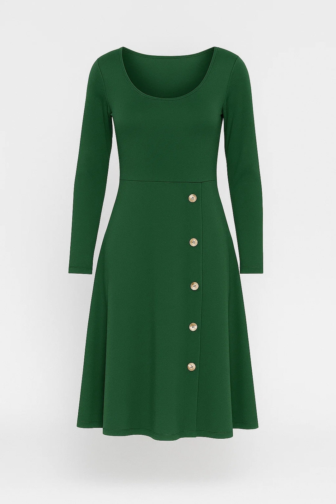 Abito midi verde con bottoni decorativi | Maniche lunghe | Scollo rotondo