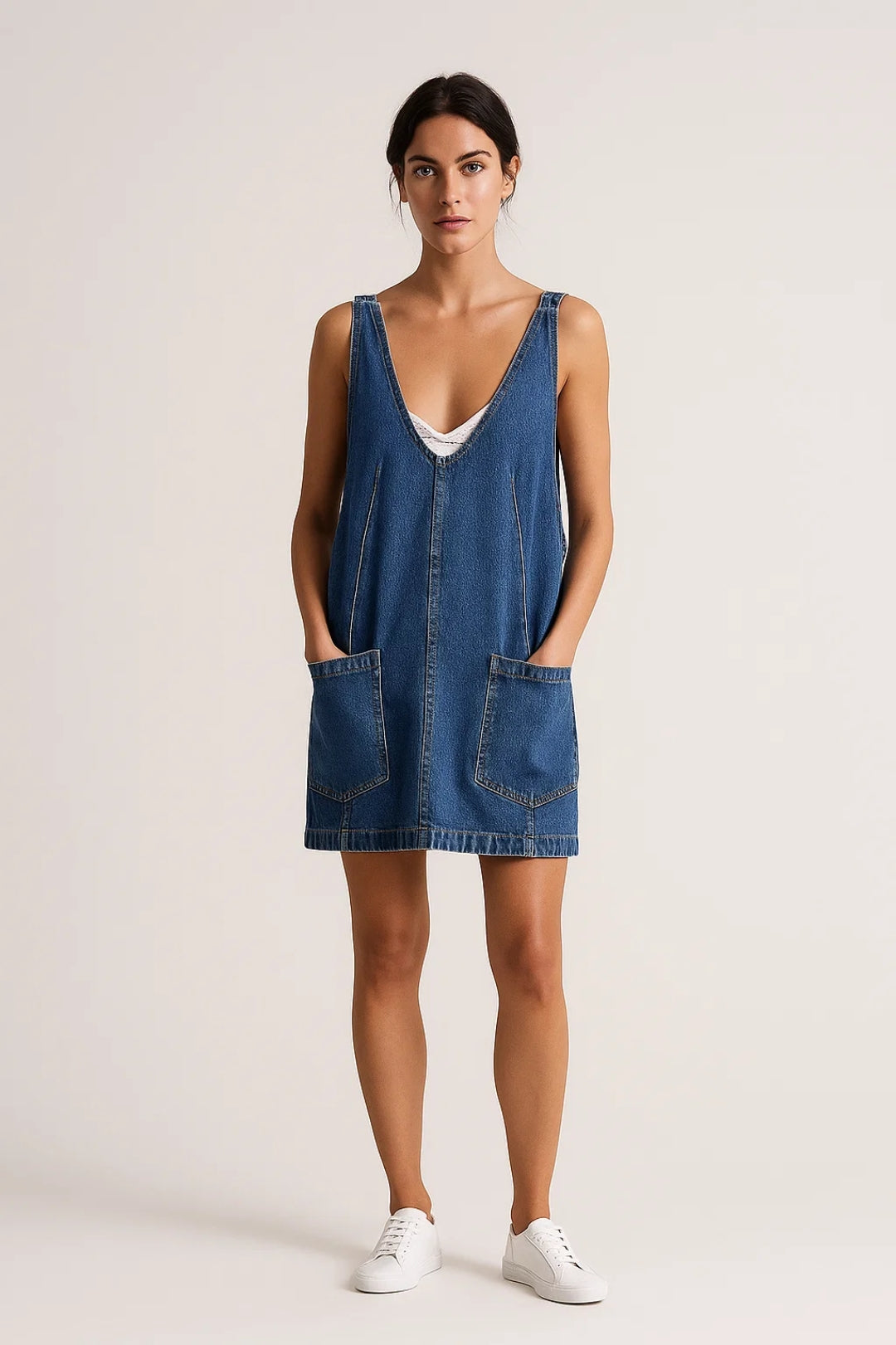 Abito salopette in denim corto | Scollo a V | Tasche applicate