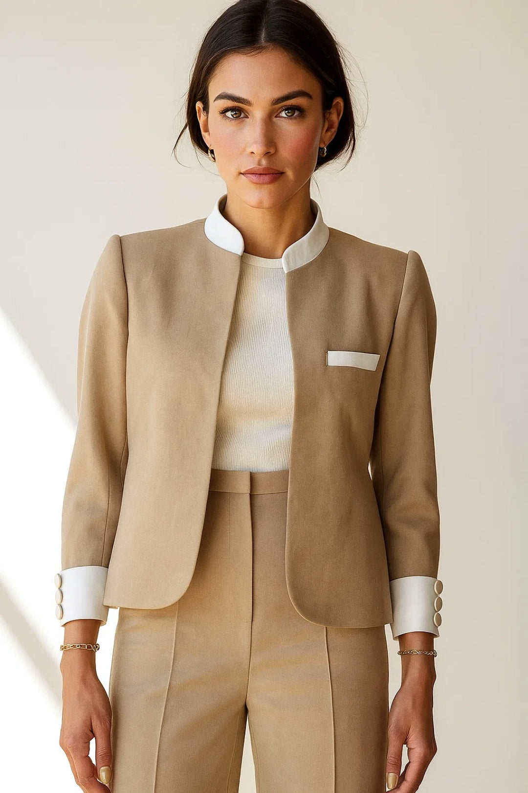 Blazer sartoriale beige con dettagli bianchi | Eleganza moderna