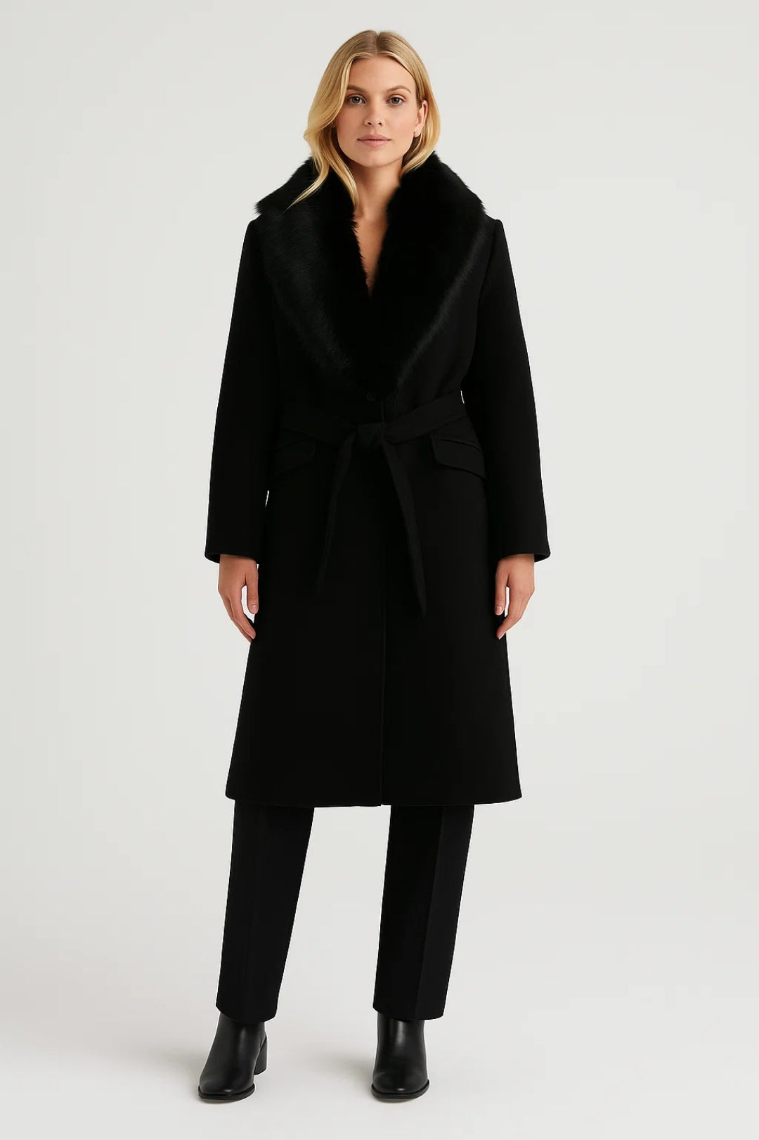 Cappotto elegante con colletto ampio effetto pelliccia