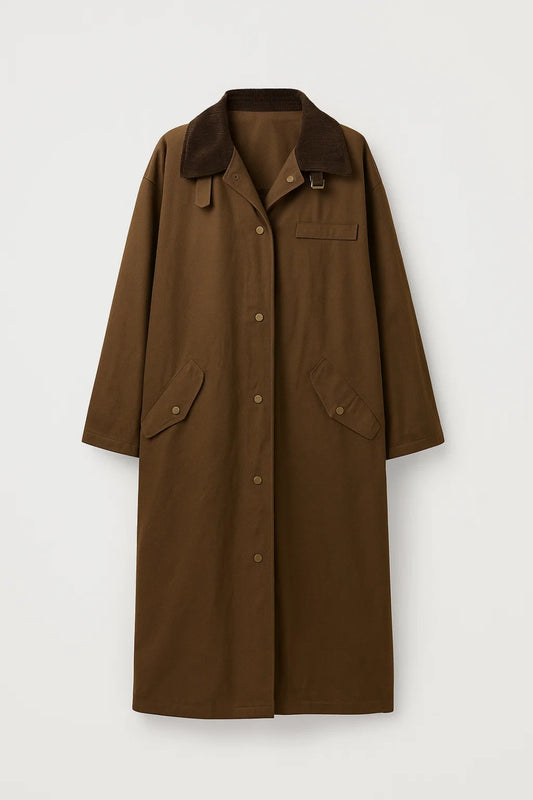 Cappotto lungo con colletto a contrasto e bottoni automatici