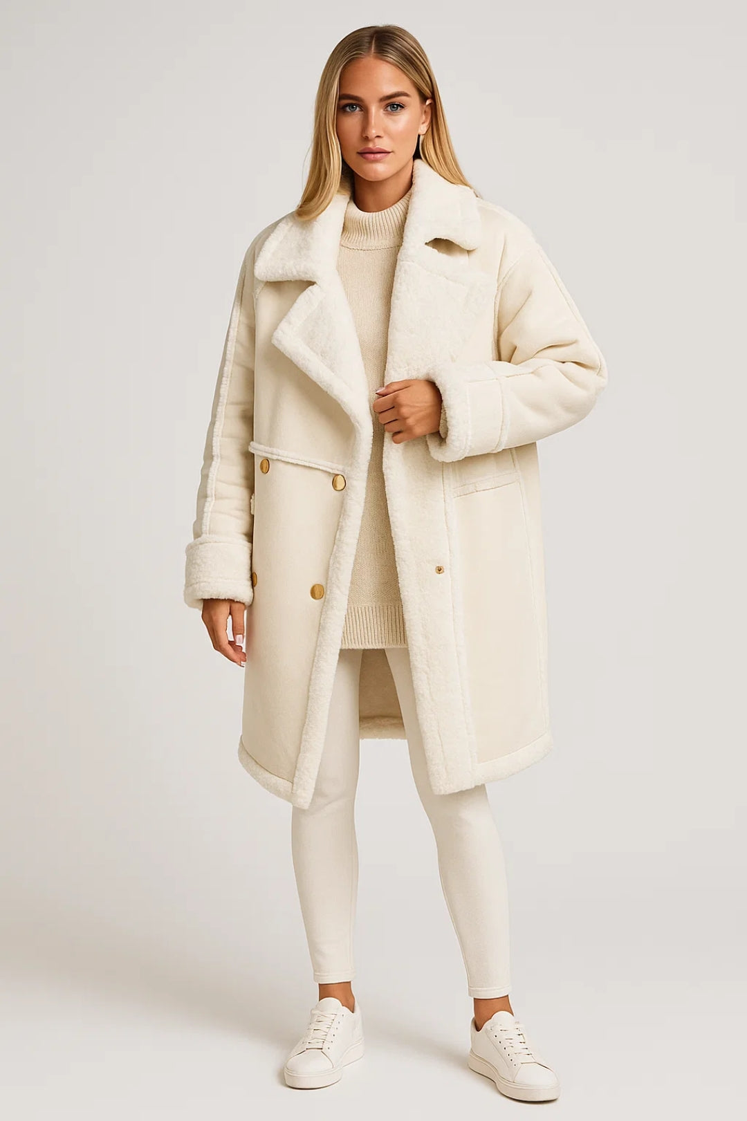 Cappotto lungo imbottito con collo ampio e dettagli in pelliccia sintetica