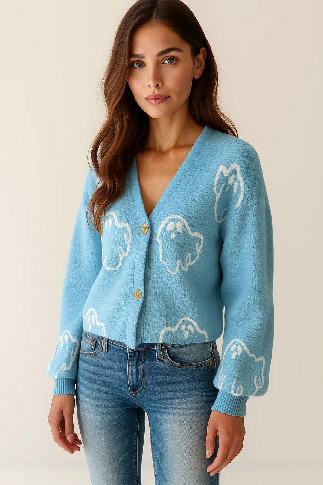 Cardigan azzurro con fantasmini | Maglia divertente | Chiusura con bottoni