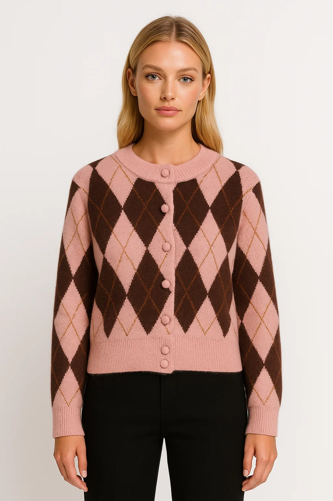 Cardigan corto con motivo a rombi e bottoni rivestiti
