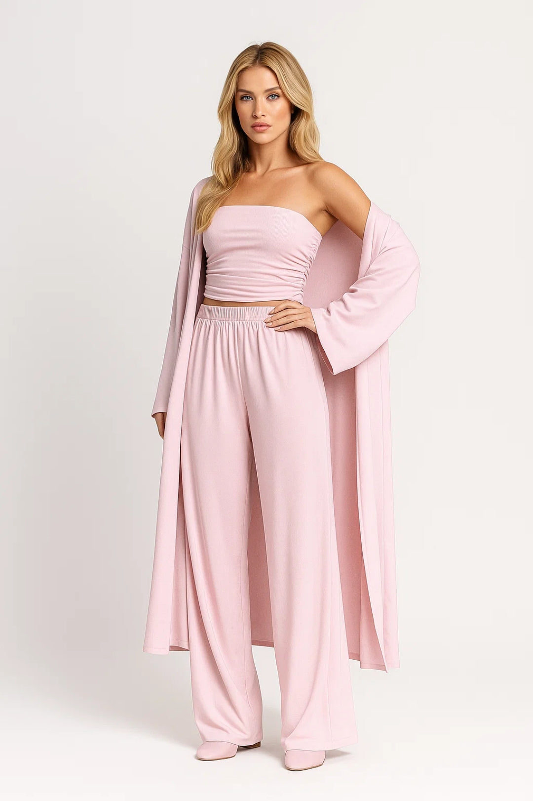 Completo 3 pezzi con top fascia e kimono lungo | Look rilassato e chic