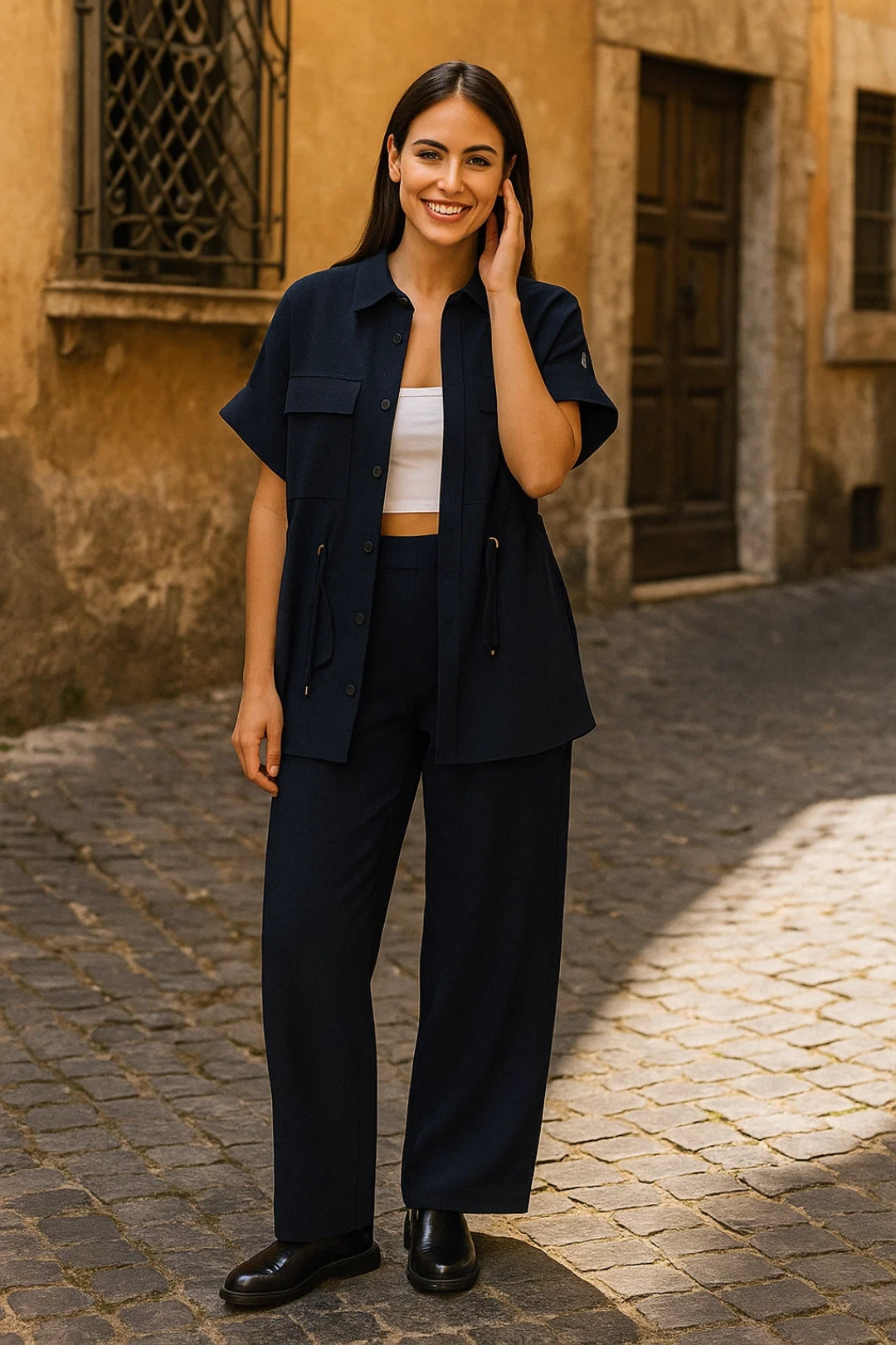 Completo casual con camicia a maniche corte e pantaloni larghi | Blu navy
