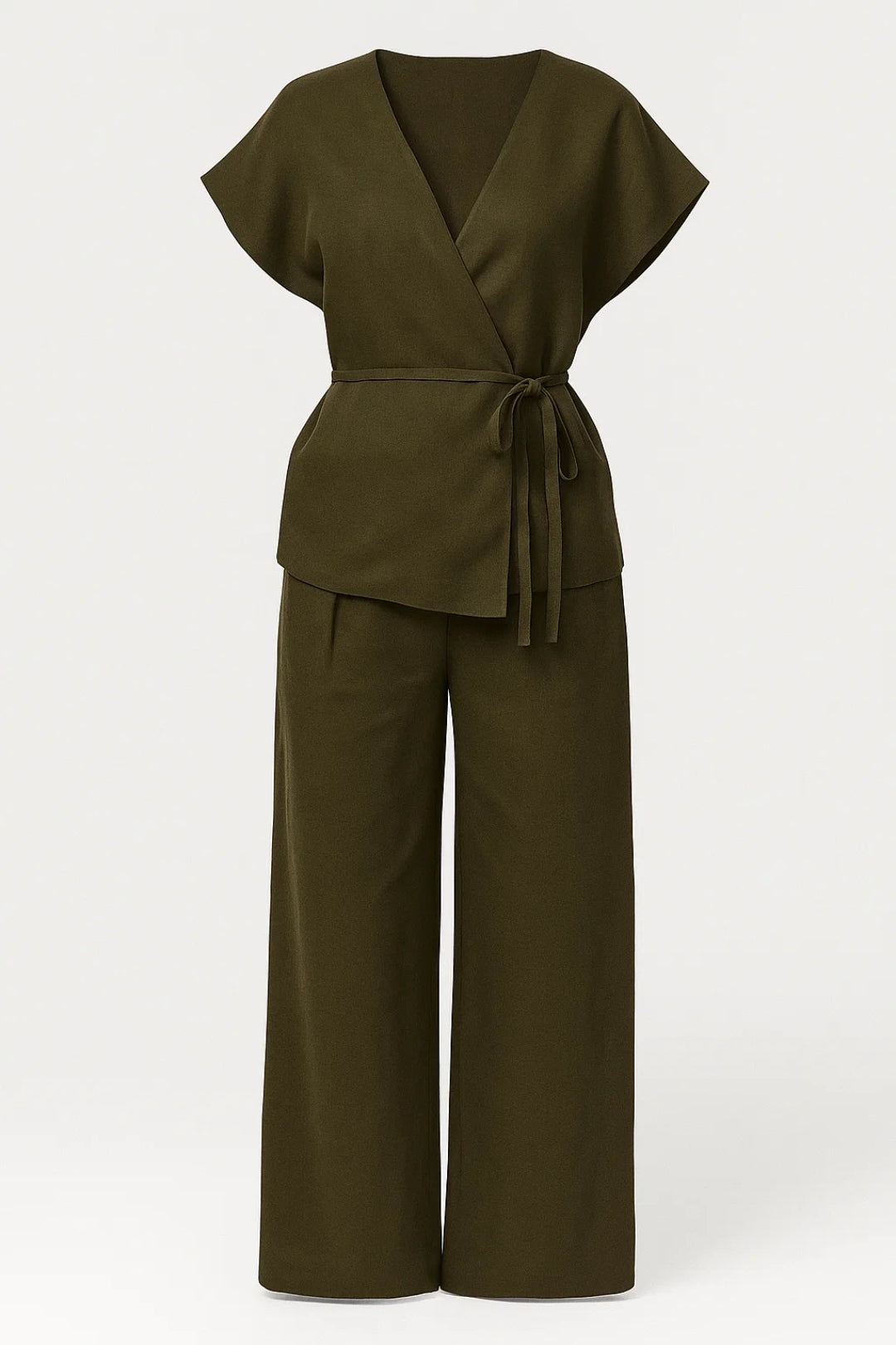 Completo con blusa incrociata e pantaloni ampi | Verde oliva