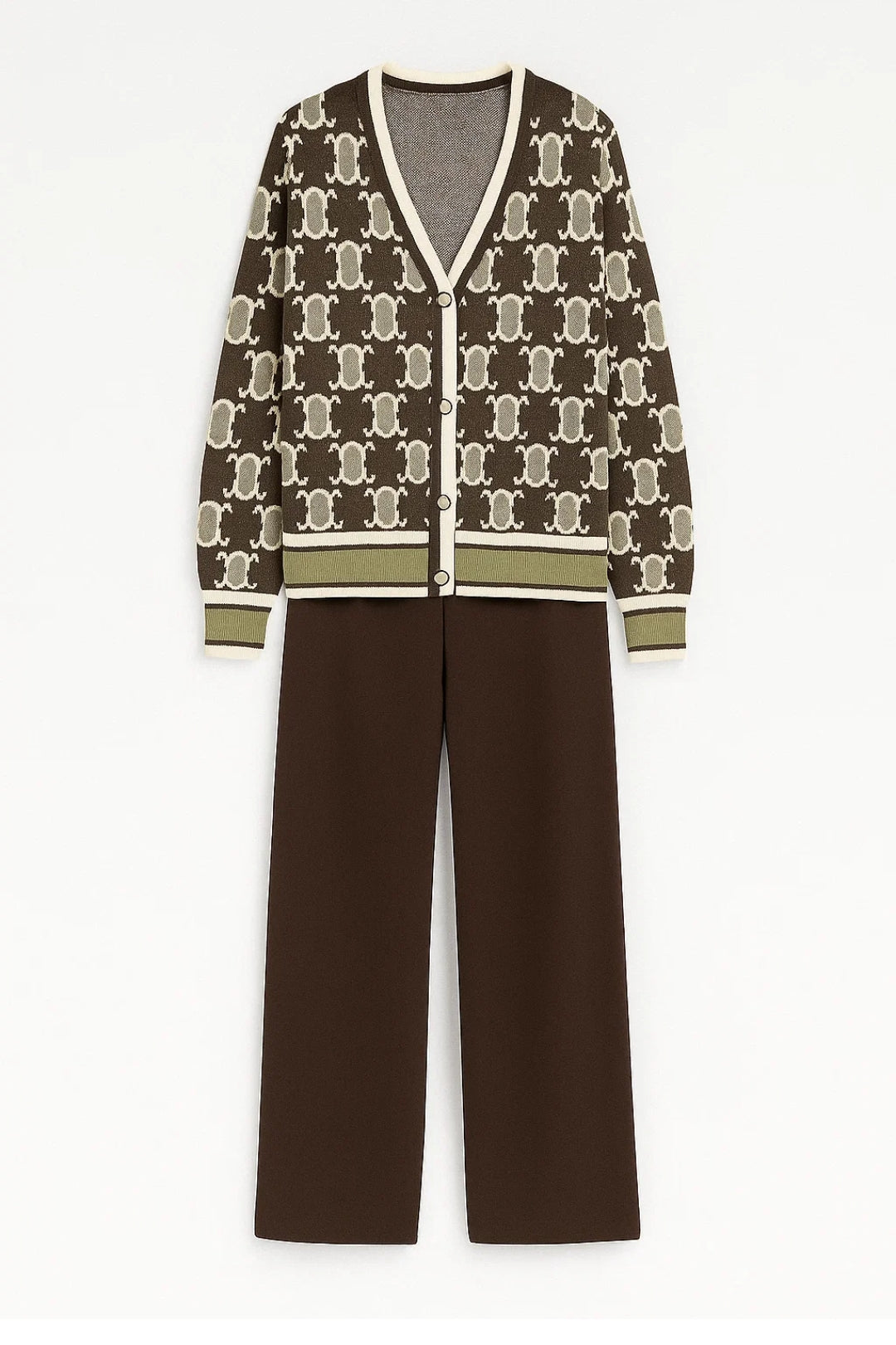 Completo con cardigan a fantasia e pantaloni morbidi coordinati