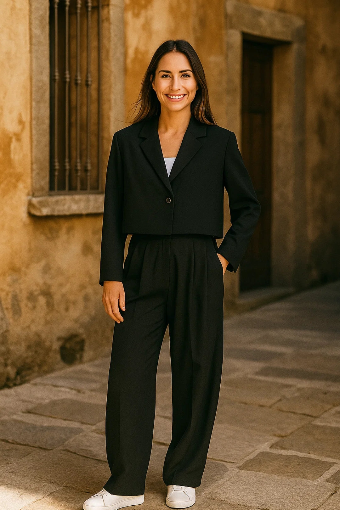 Completo con giacca corta e pantaloni ampi | Eleganza minimal nera | Look versatile