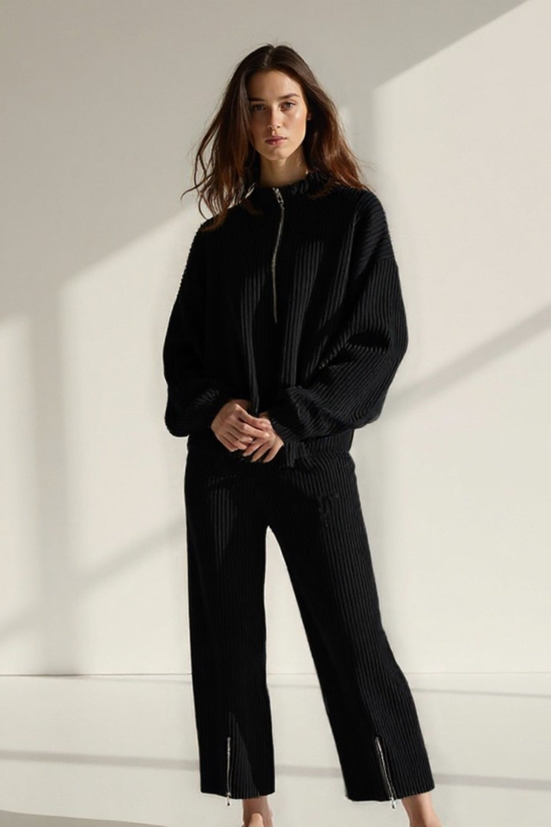 Completo coordinato in maglia a costine con zip | 2 pezzi