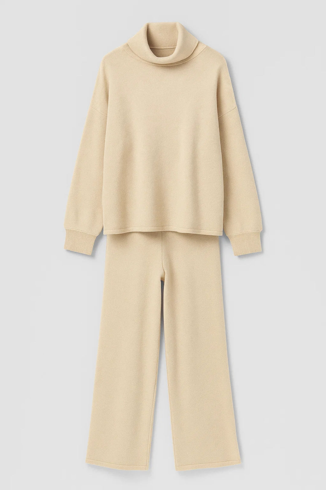 Completo cozy con maglia a collo morbido e pantaloni larghi | Beige