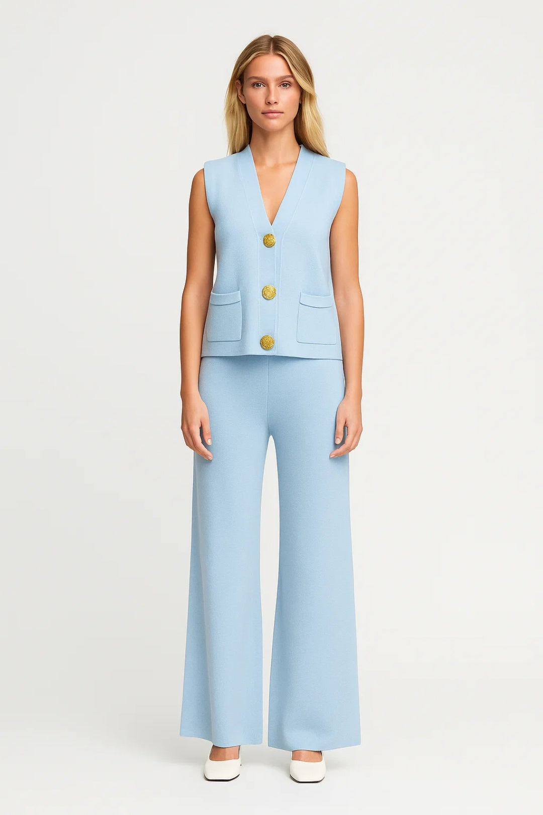 Completo due pezzi con gilet smanicato e pantaloni a gamba larga