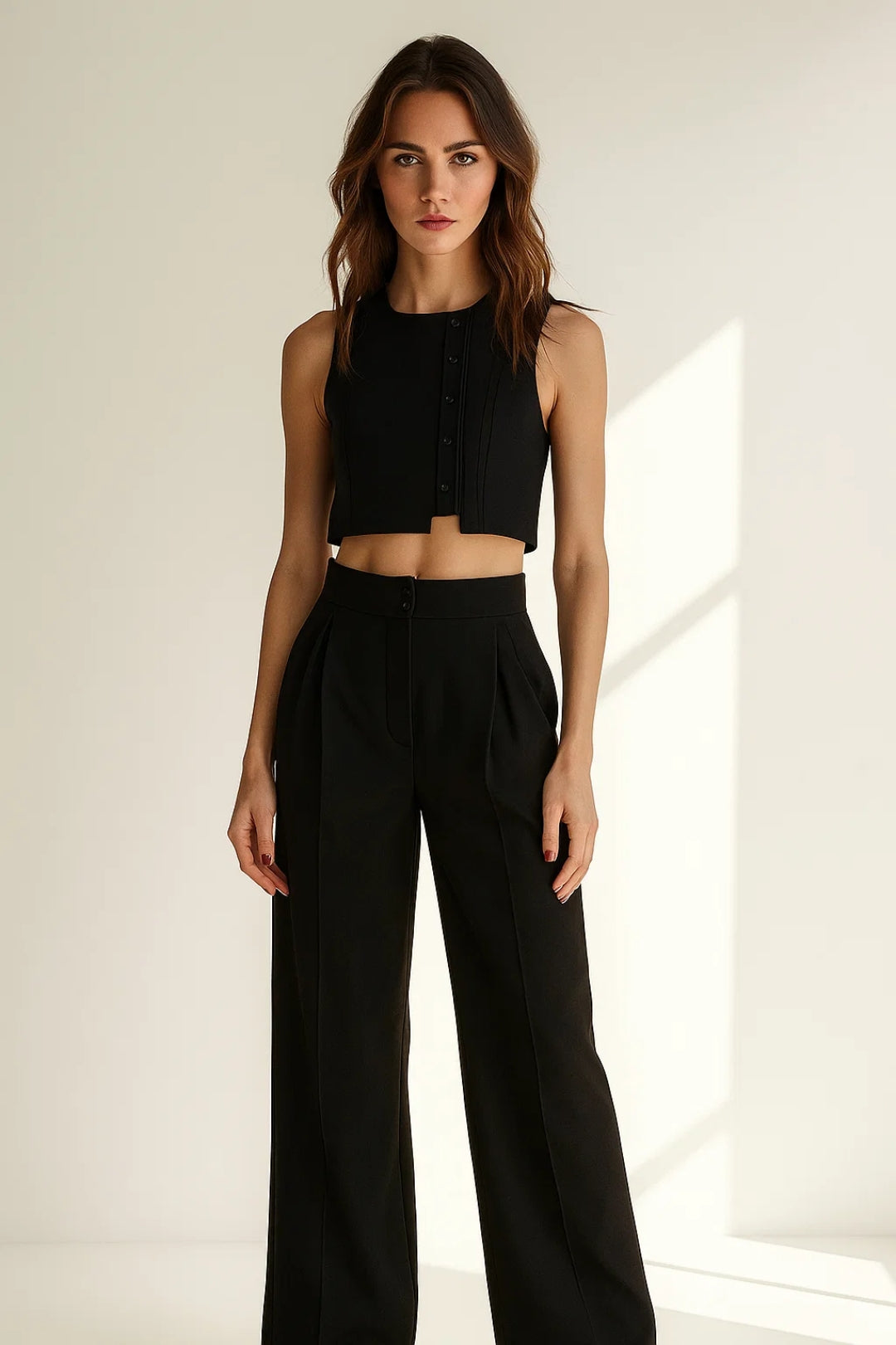 Completo due pezzi con top corto e pantaloni a vita alta