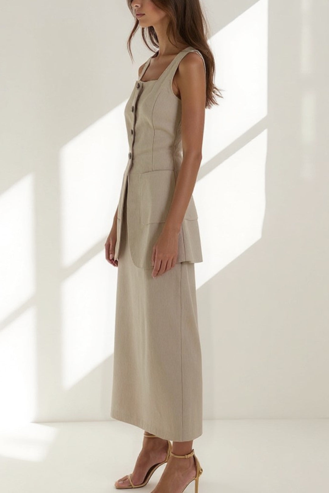 Completo due pezzi elegante | Gilet lungo con tasche e gonna dritta midi