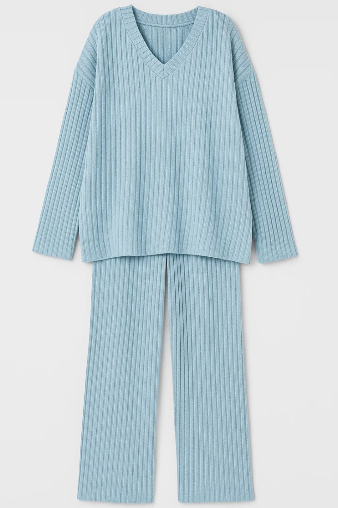 Completo due pezzi in maglia a coste con scollo a V