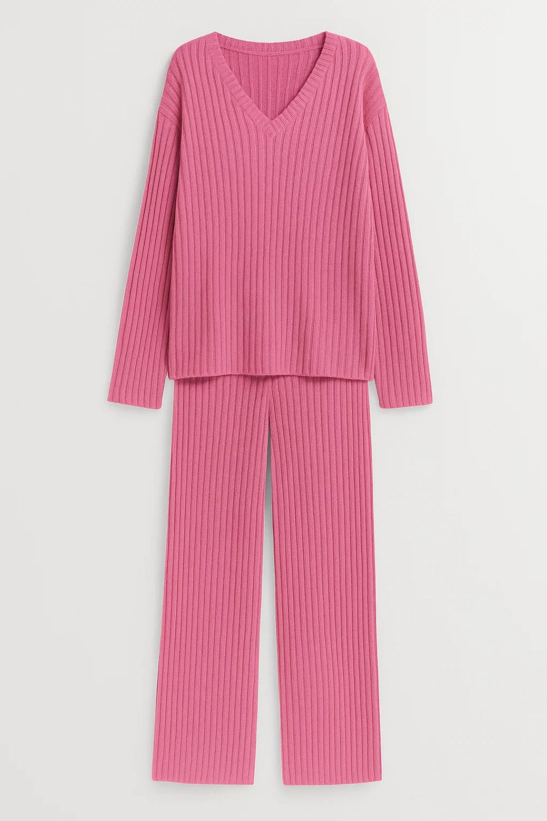 Completo due pezzi in maglia a coste con scollo a V