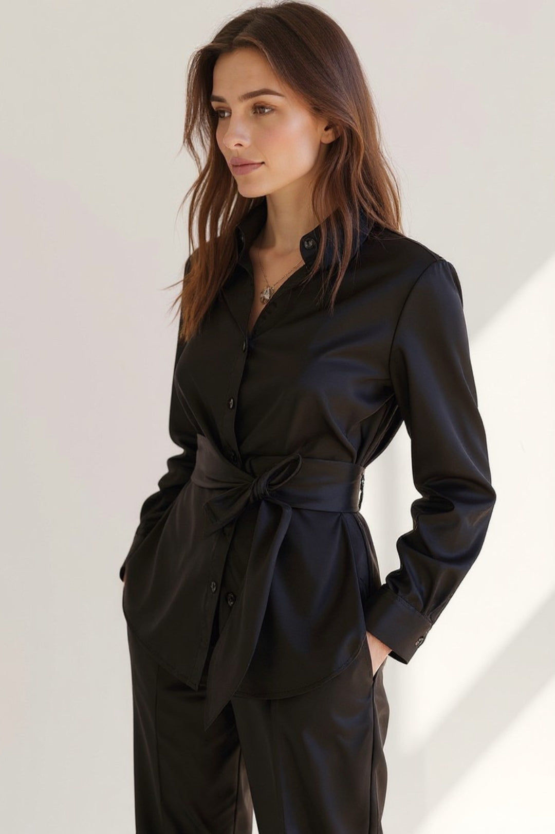 Completo due pezzi nero elegante da donna | Blusa con cintura e pantaloni dritti