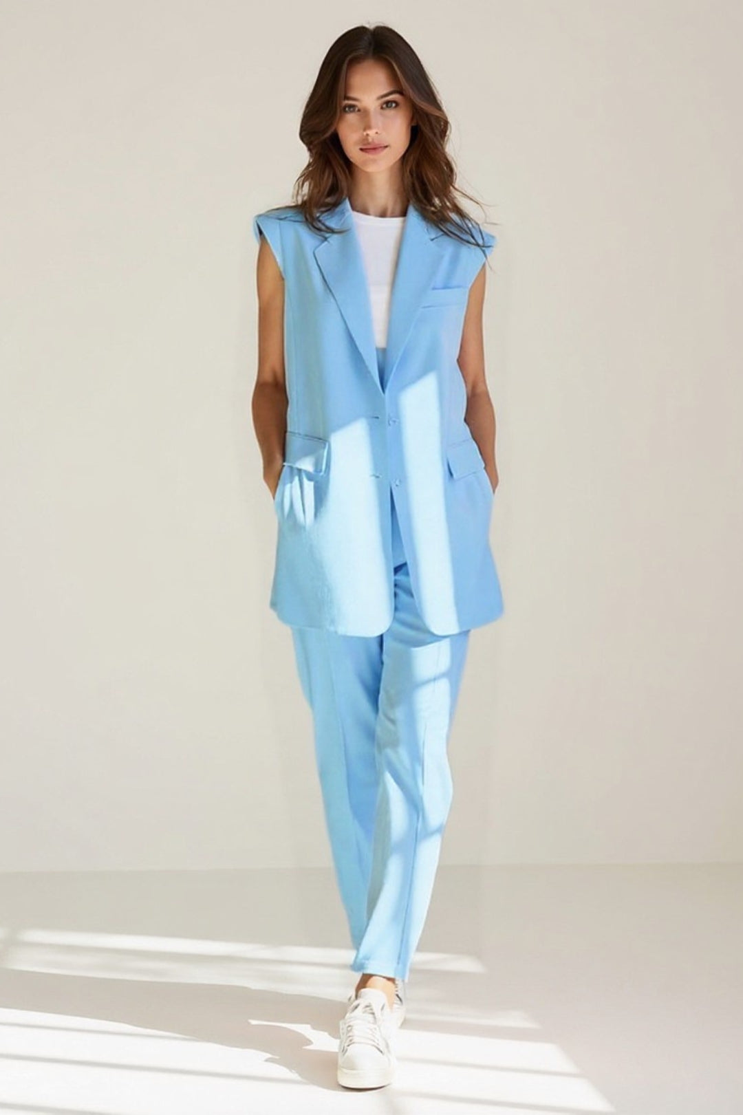 Completo due pezzi smanicato da donna | Gilet lungo e pantaloni eleganti