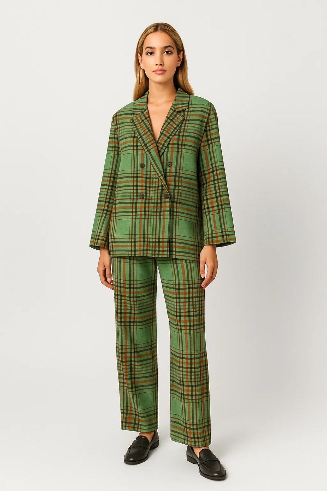 Completo elegante con giacca doppiopetto e pantaloni a quadri