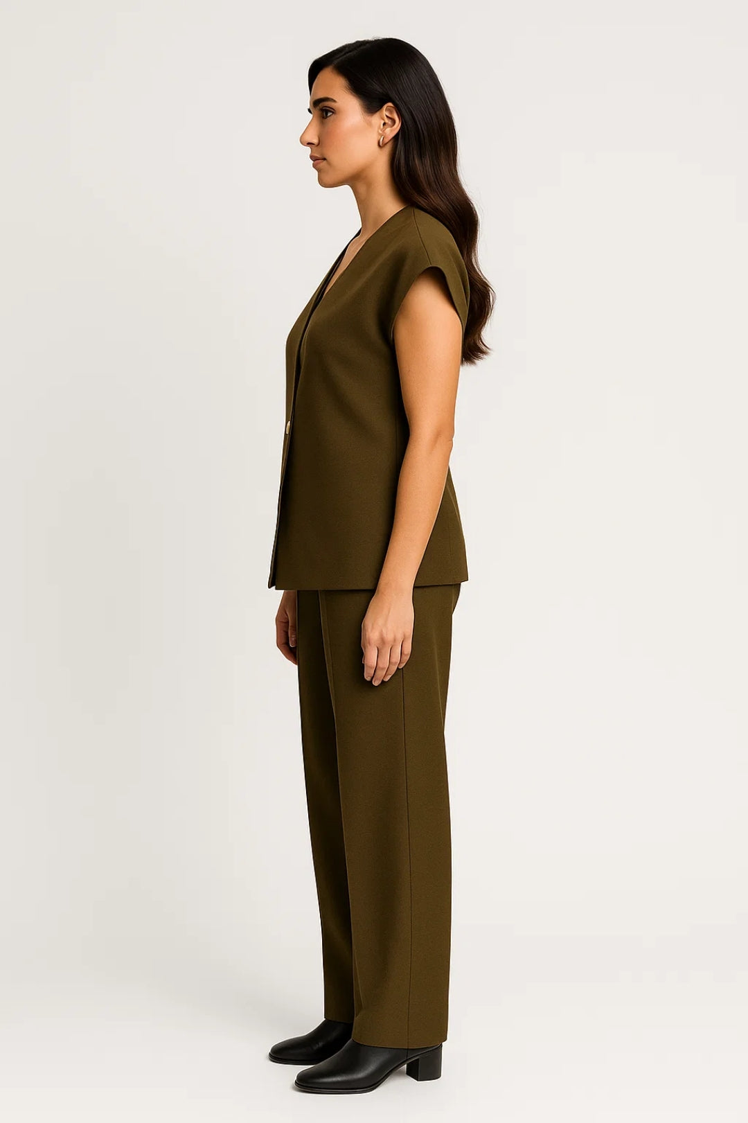 Completo elegante con top scampanato e pantaloni ampi | Verde oliva