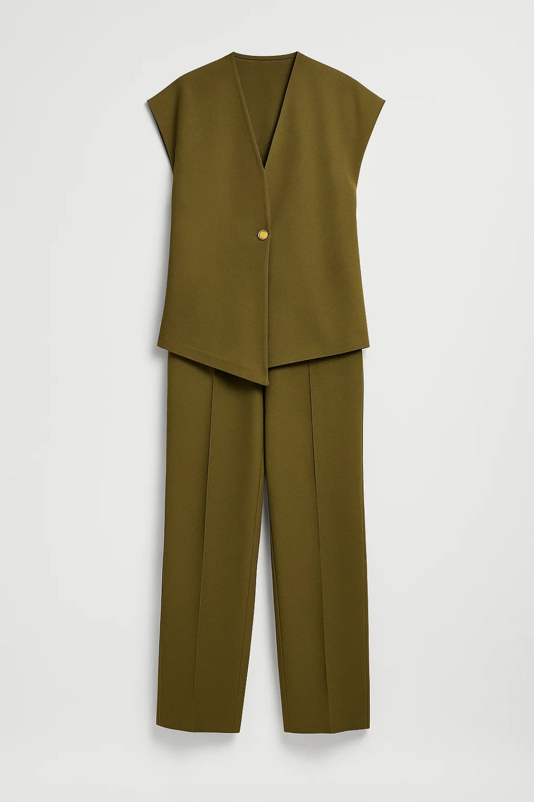 Completo elegante con top scampanato e pantaloni ampi | Verde oliva