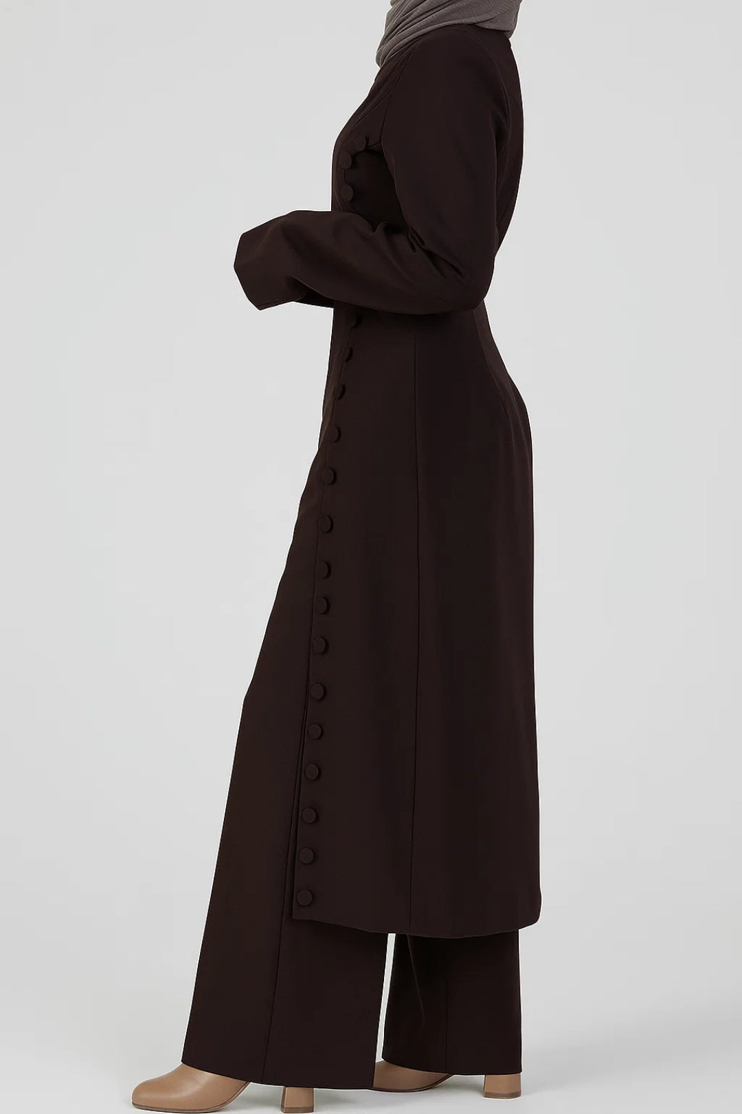 Completo elegante con tunica lunga asimmetrica e pantaloni ampi | Marrone scuro