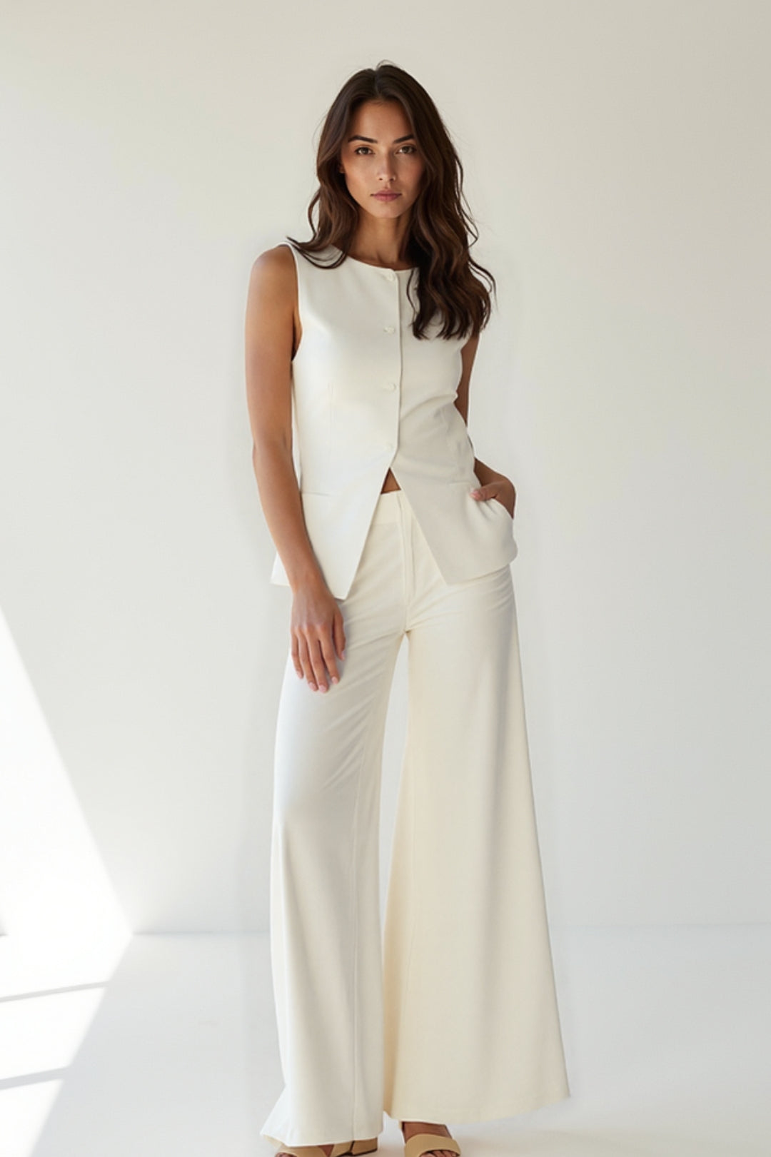 Completo elegante senza maniche con top e pantaloni a gamba larga | Bianco crema | Chic e raffinato