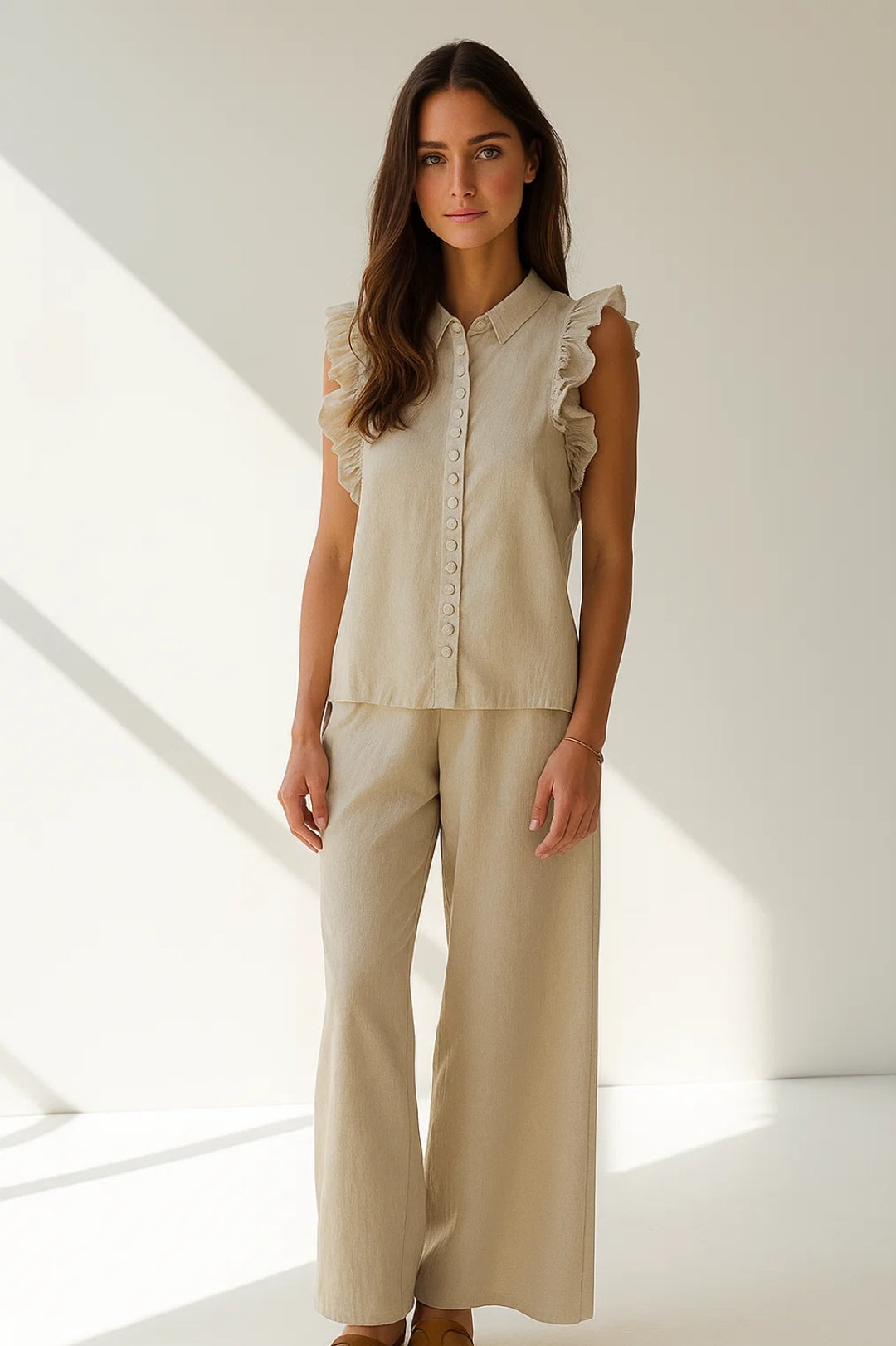 Completo estivo in lino con camicia senza maniche e pantaloni larghi | 100% lino | Fresco e traspirante