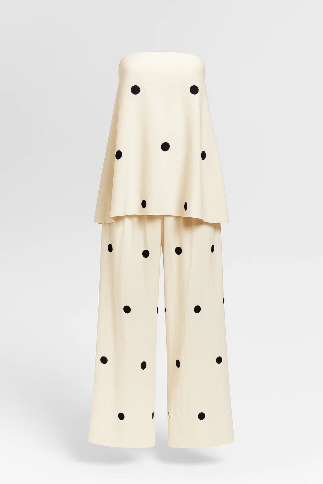 Completo estivo in tessuto leggero con top senza spalline e pantaloni a pois | Beige con pois neri | Fresco ed elegante