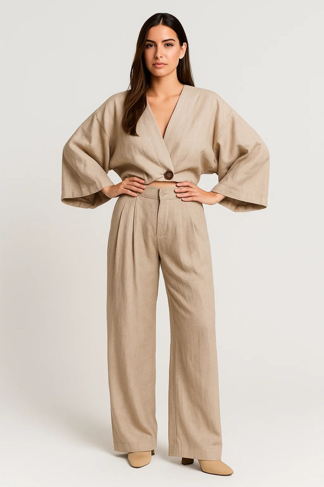 Completo in lino con top ampio e pantaloni a gamba larga | Disponibile in marrone e beige