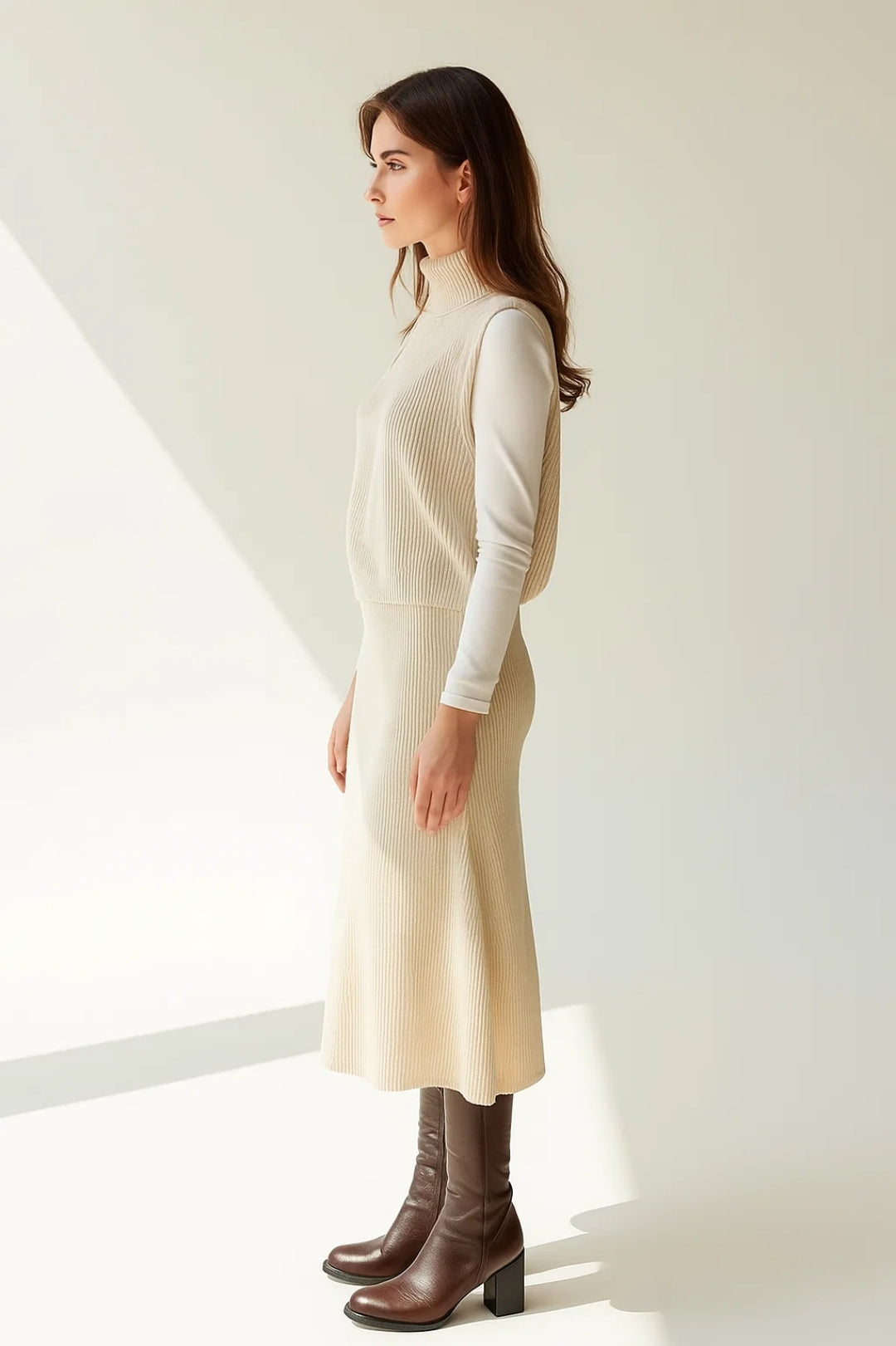 Completo in maglia a coste con top smanicato a collo alto e gonna midi | Beige chiaro | Elegante e confortevole