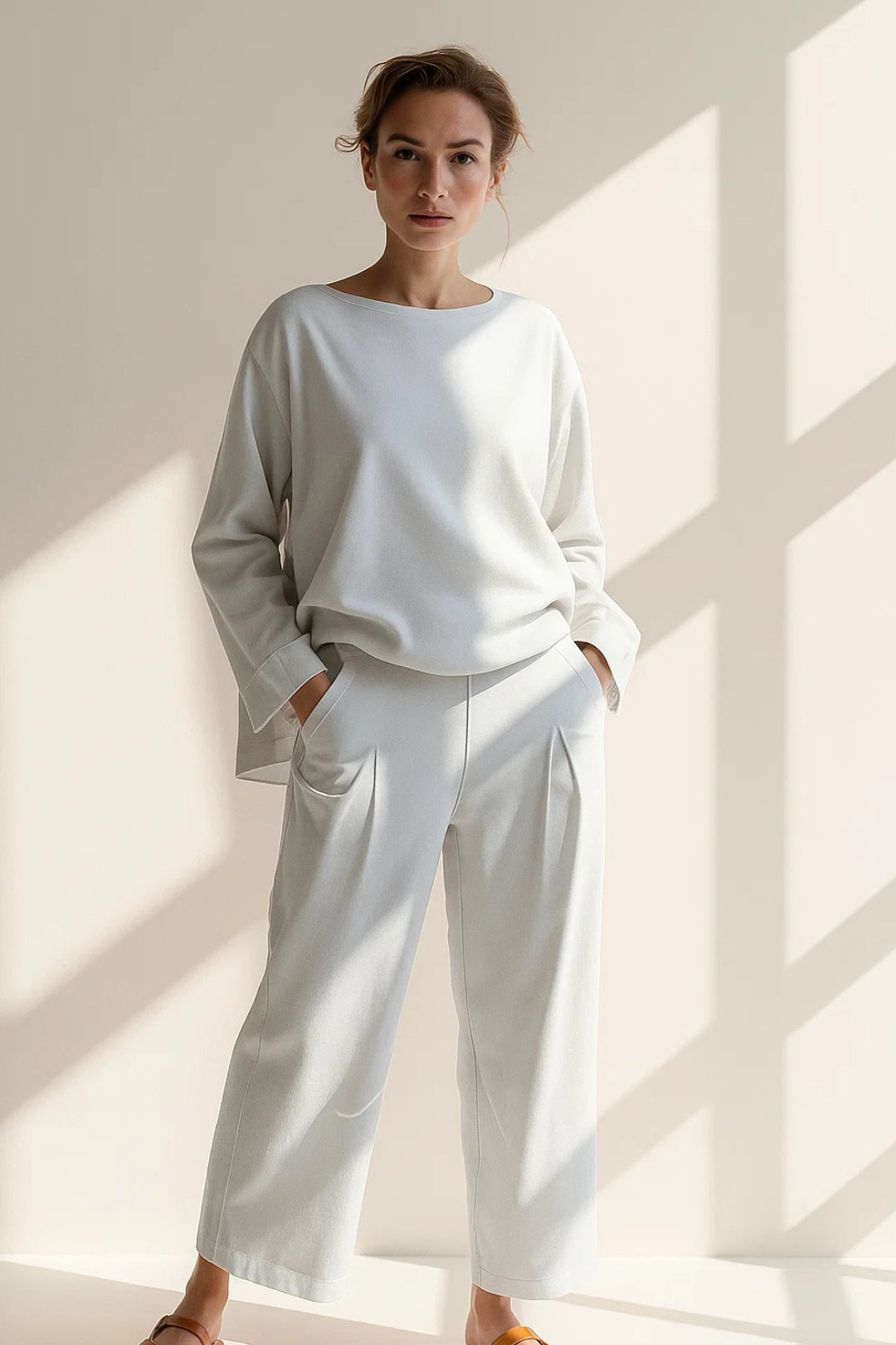 Completo minimalista con maglia a maniche lunghe e pantaloni a gamba larga