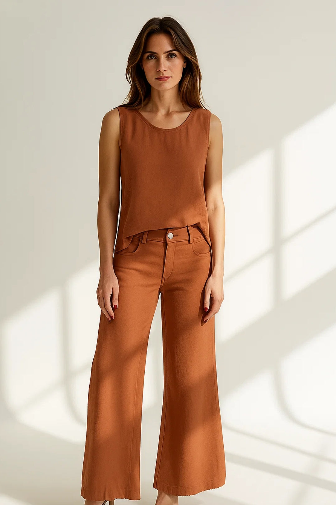 Completo minimalista con top smanicato e pantaloni a gamba larga | Stile moderno e linee pulite