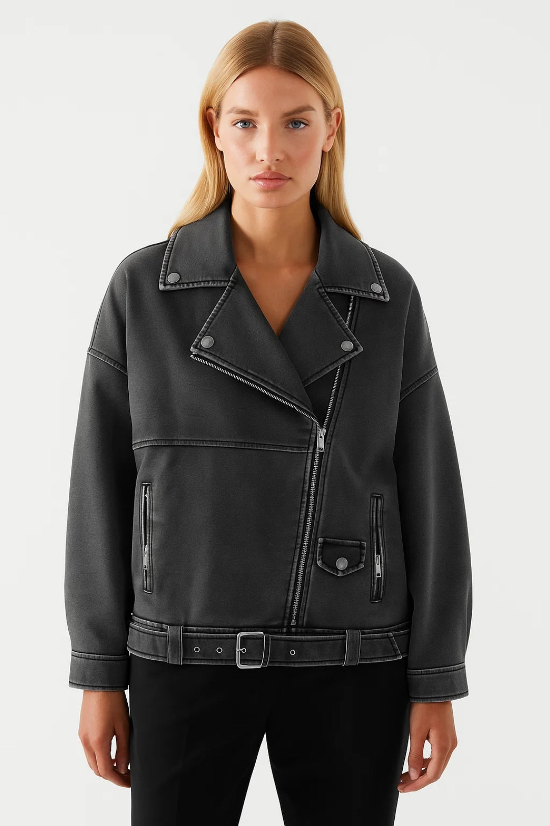 Giacca biker con zip obliqua e cintura | Stile urbano e rilassato