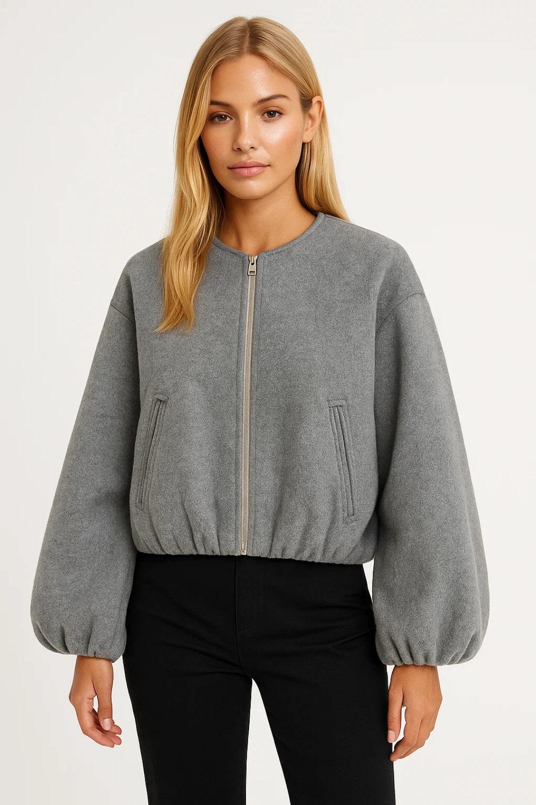 Giacca corta con zip e maniche a palloncino | Look moderno e pulito